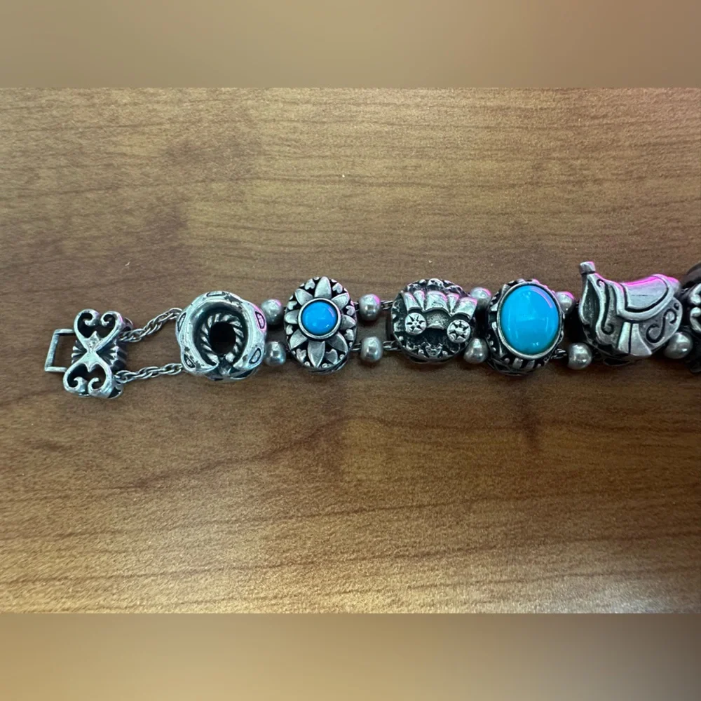 VTG Sterling and Turquoise Slider Charm Bracelet Western Themed - Picture 3 of 9